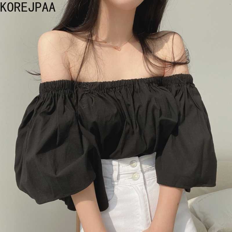 Korejpaa Women Shirt Summer Korean Chic Sexy Feminine One-Line Neck Strapless Pleated Loose Wild Trumpet Sleeve Blouses 210526