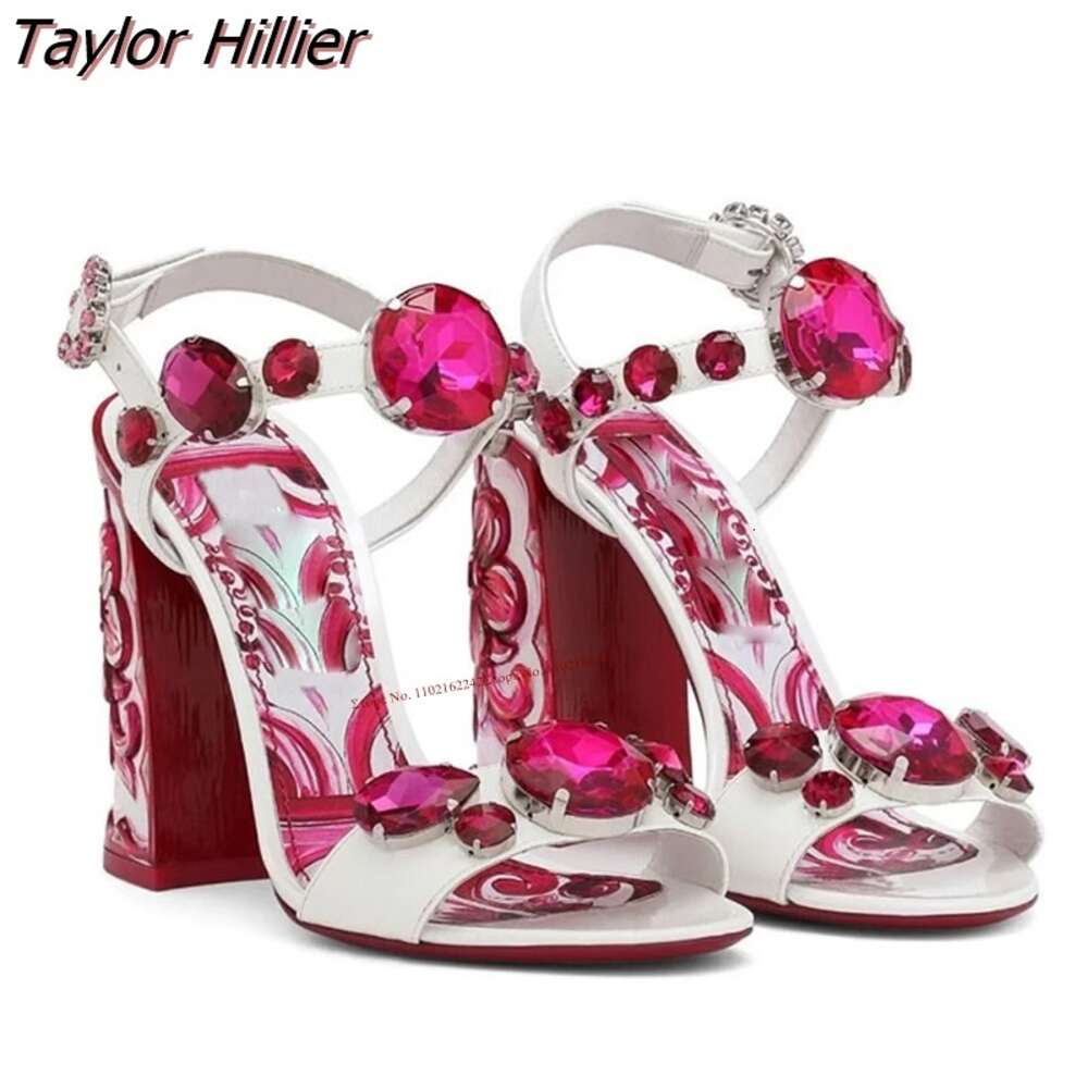 heels sandals Summer New designer shoes Bohemia Rhinestone Thick Heel Sandals Fashion Open Toe Print Gemstone Buckle Strap Dress High Heels Ladies 6Cm