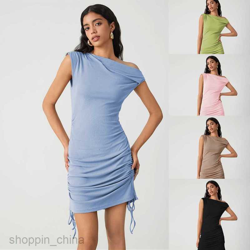 Basic Casual Women Dresses Ins2024 Fashion Knitted Sleeveless Design Feeling Oblique Shoulder Fold Waist Covering Meat and Hip Covering Short Skirt