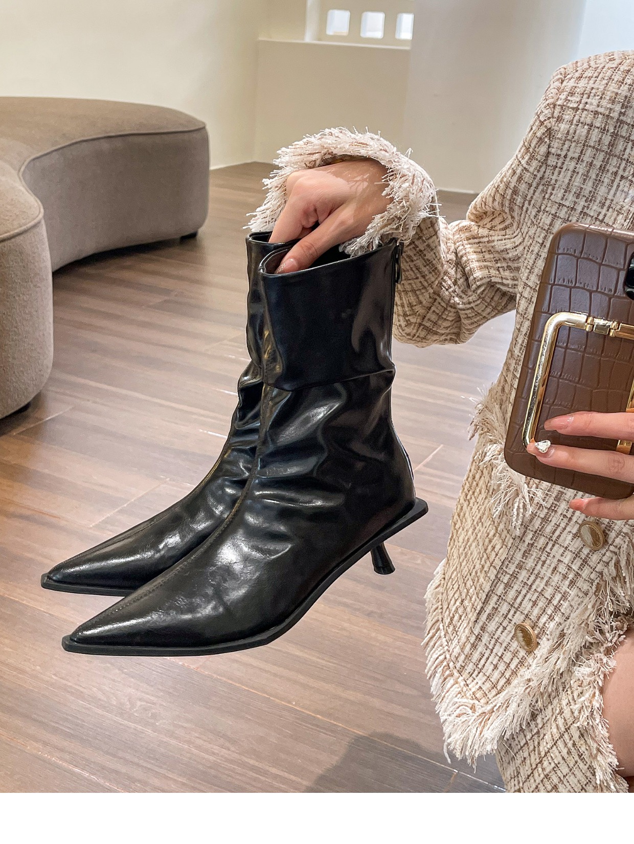 2024 Women's Chunky Heel Trouser Korean Style Minimalist Boots Triple Black Comfortable | Free Shipping dh910320090