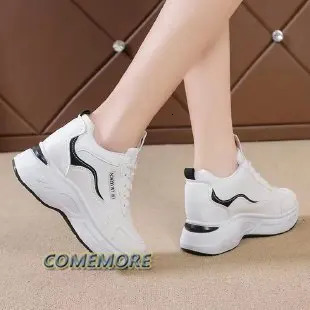 Womens leather platform sports shoes spring white shoes high heels wedge-shaped outdoor sports shoes breathable circular casual shoes 240614