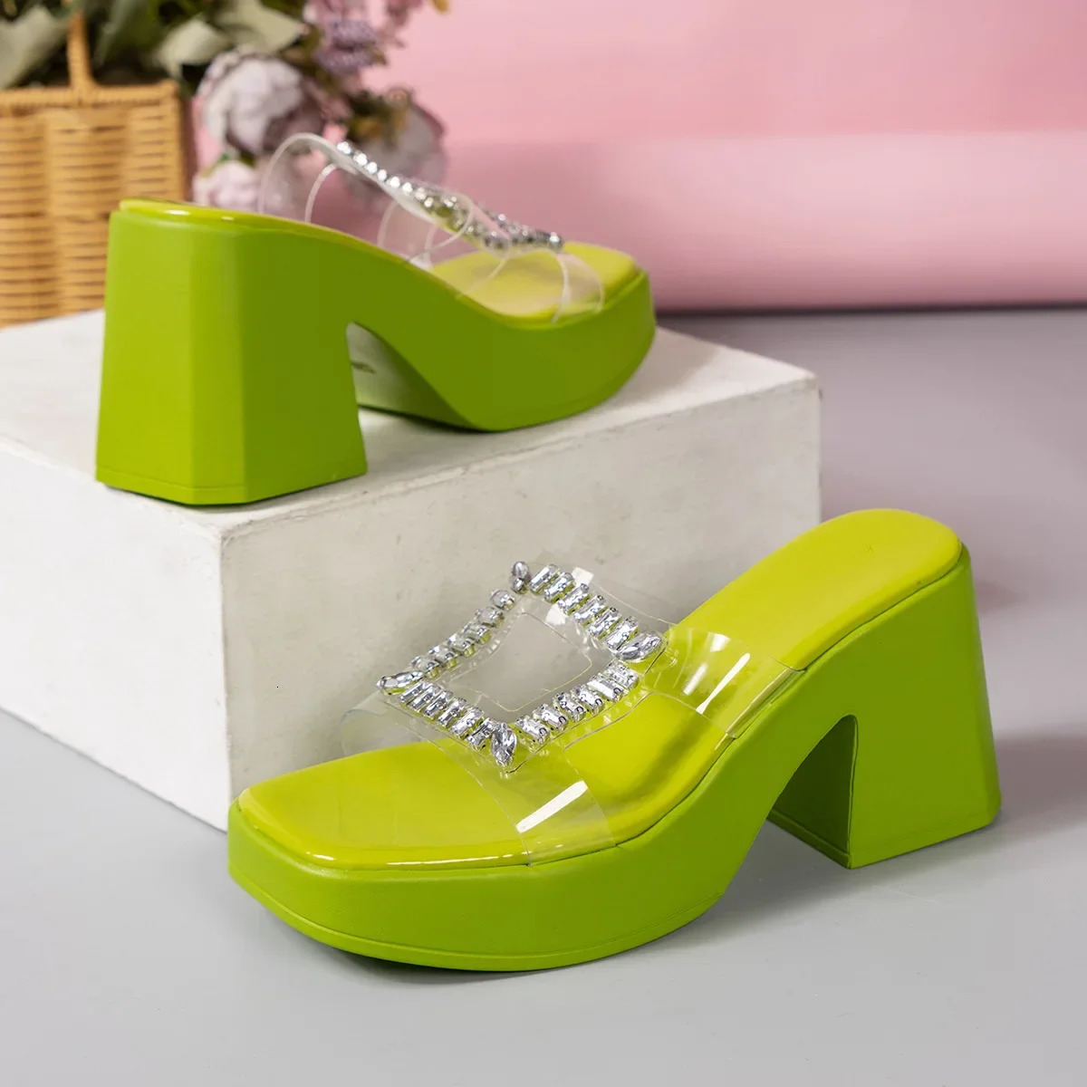 Womens high heel square toe Rhinestone slider used for wearing waterproof platforms thick soled sandals slider 240612