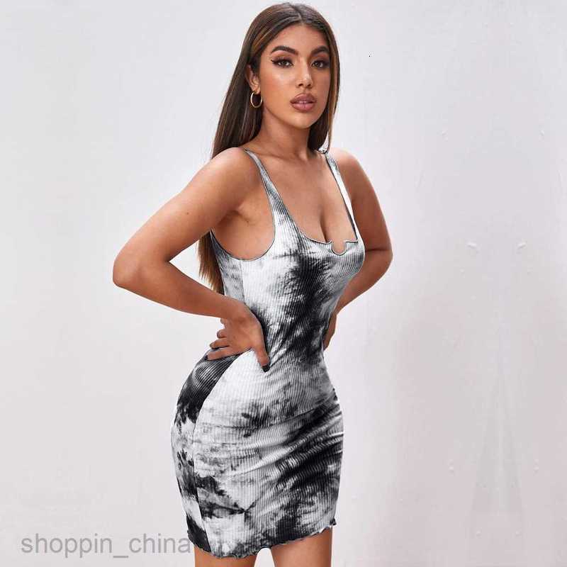 Basic Casual Women Dresses Spring/Summer Women's Sexy Slim Tie Dyed Print Wrapped Hip Short Skirt Tank Top Hanging Strap Dress