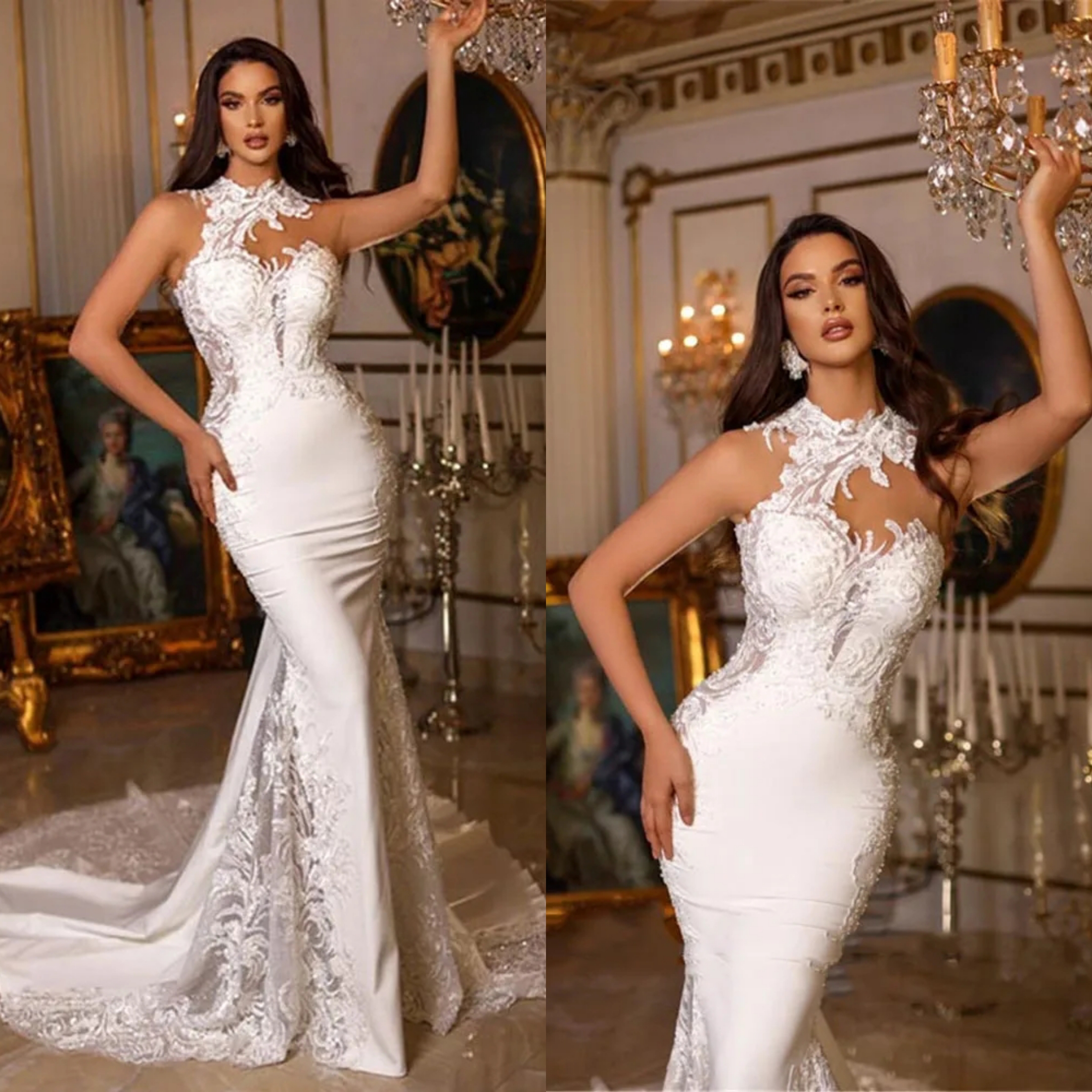 Vintage Mermaid Wedding Dresses For Women Jewel Neck Sleeveless Backless Bridal Gown Appliques Sweep Train Dress Custom Made vestidos de novia