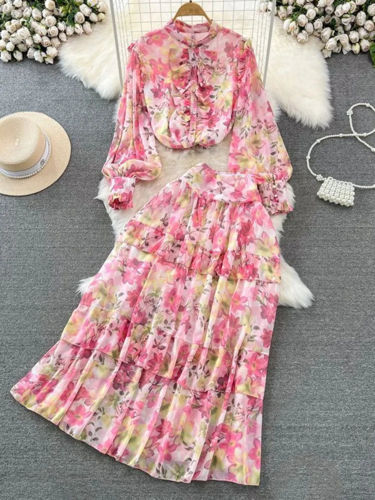 Floral Two Piece Set Women Lantern Long Sleeved Single Breasted Shirthigh Waisted A-line Long Skirt Printed Chiffon Outfits 240601