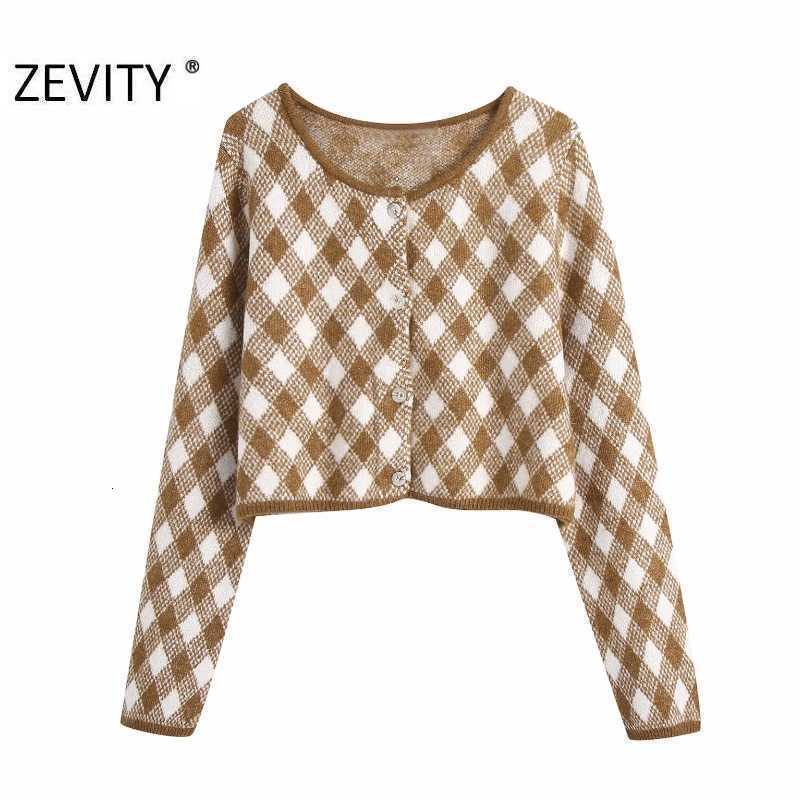 Zevity Women Fashion O Neck Geometric Print Short Knitting Sweater Lady Long Sleeve Breasted Chic Casual Cardigans Tops S455 210603