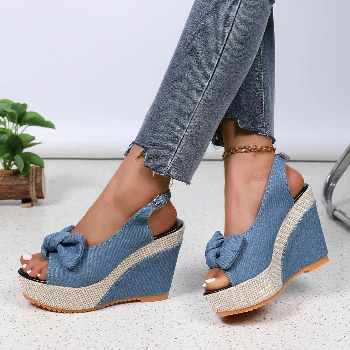 Womens ankle diaper toe platform denim wedge sandals Zapatos De Mujer wedge sandals thick sole sandals high heel sandals 240612