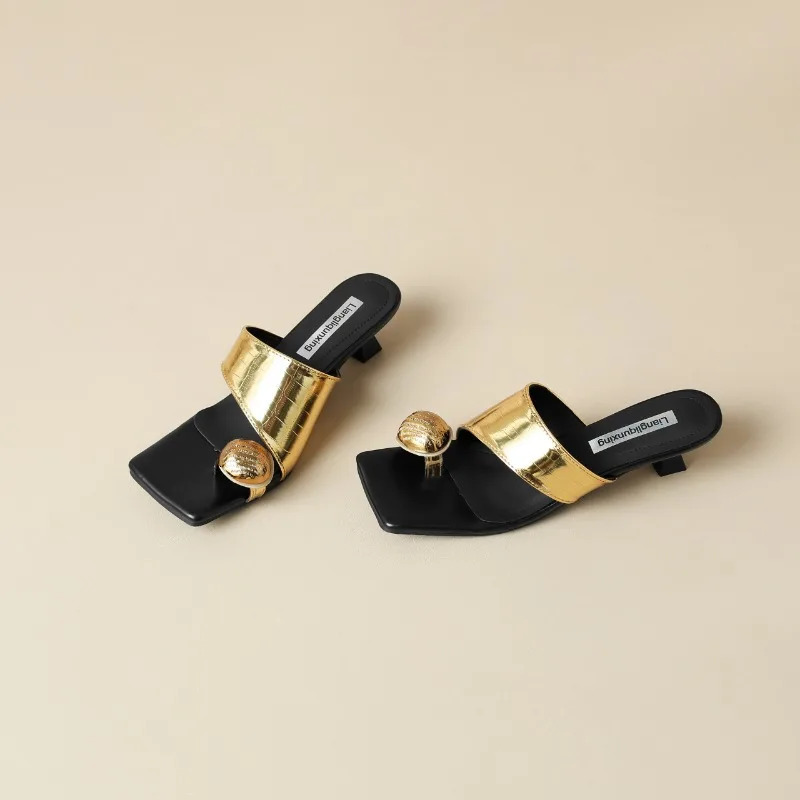 Summer Slippers Fashion Womens Metal Decorative Stiletto Heels Sliding Ladies Outdoor Dress Party Flip-flops Clip Toe Sandals 240614