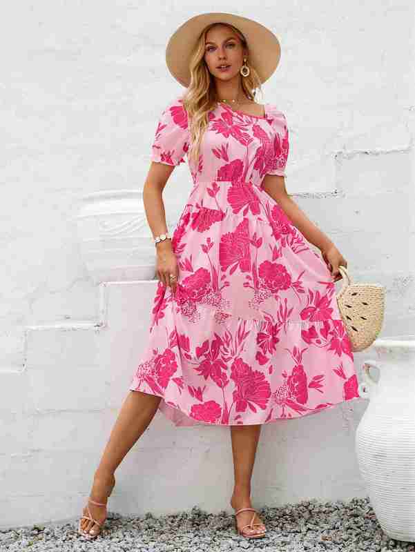 Basic Casual Women Dresses Independently designed new summer women's casual and fashionable diagonal collar floral print fresh dress