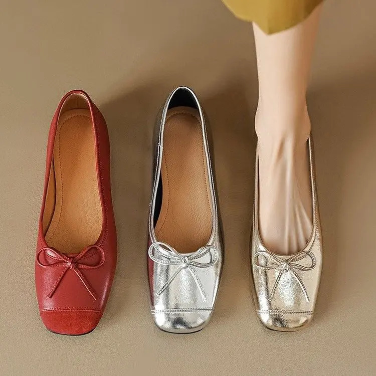 French Silver Mary Shoes Womens Light Mouth perfume Style Bow Single Shoes Mild Ballet Flat Shoes Womens 240614