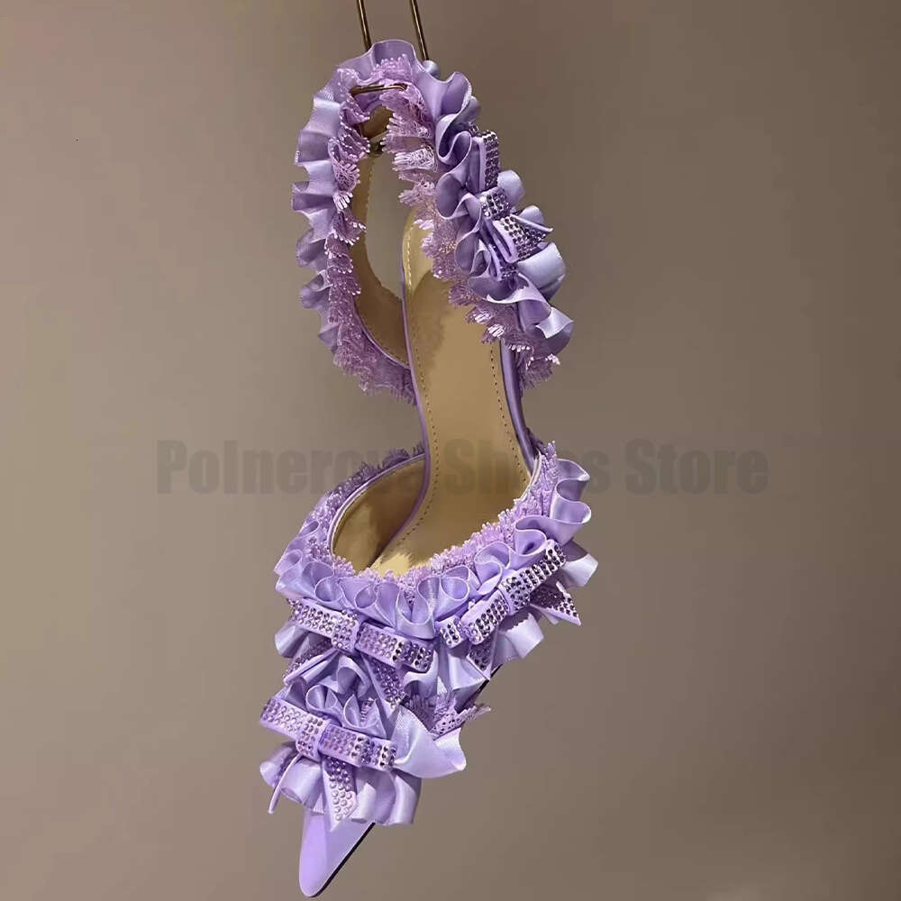 Rhie Bow Pink Satin High Heel Sandals For Women New Pointed Toe Single Sexy Lace Decorative Pumps Ladies Shoes