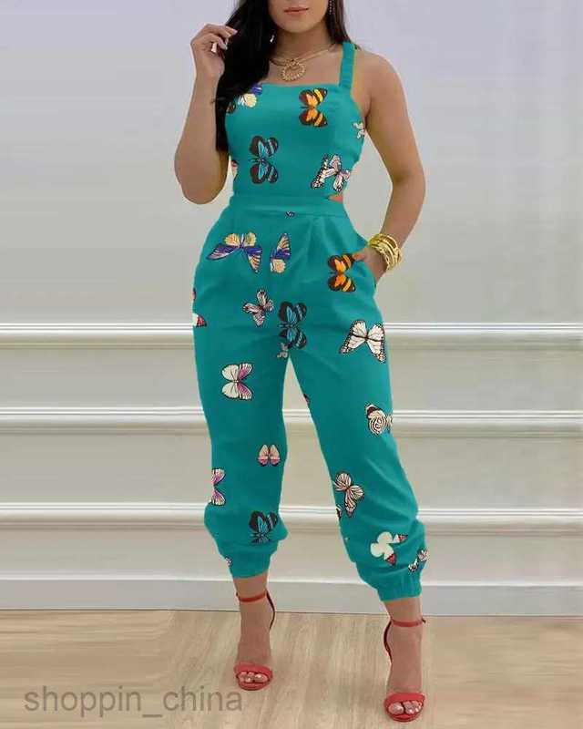 Women's Tracksuits Women's temperament commuting straps printed jumpsuit Sets