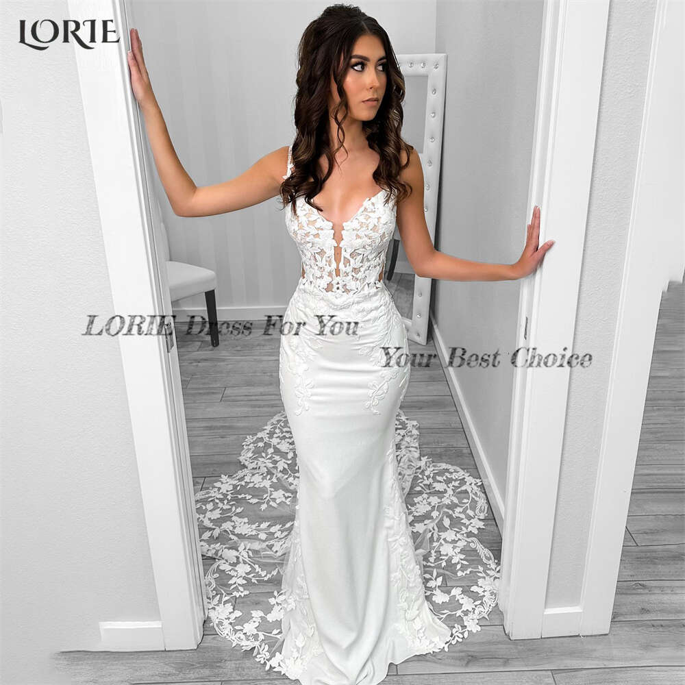 LORIE Vintage Lace Mermaid special Dresses Deep V-Neck Appliques Brush Train Bodycon Bridal Gowns Spaghetti Straps Bride Dress
