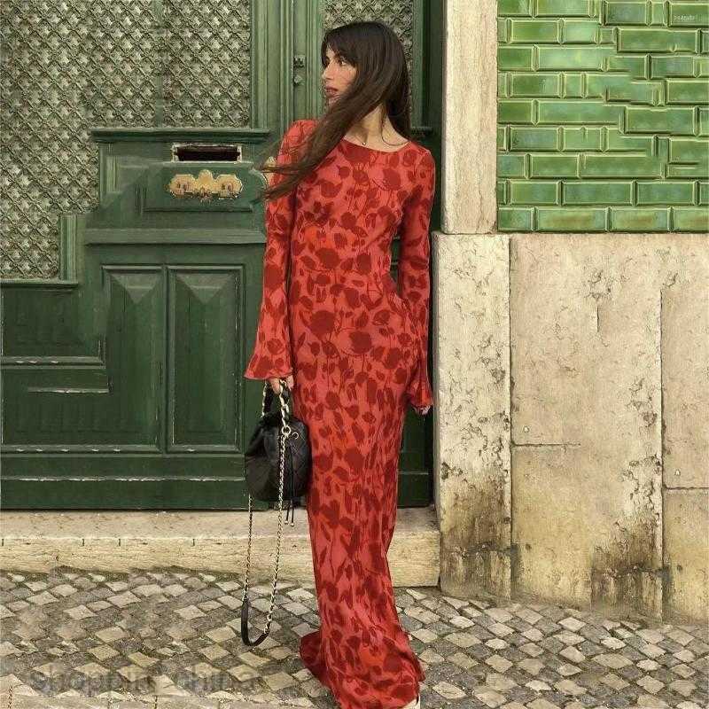 Casual Dresses Fall Long Sleeve Maxi Dress For Women Fashion Bodycon Slim Chiffon Red Print Party Elegant Vestidos 7654D