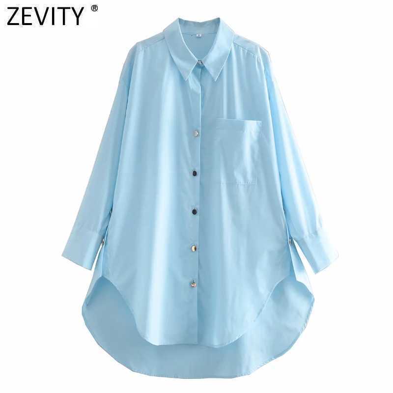 Zevity Women Fashion Solid Color Casual Loose Long Shirt Ladies Golden Buttons Smock Blouses Chic Oversized Chemise Tops LS7365 210603