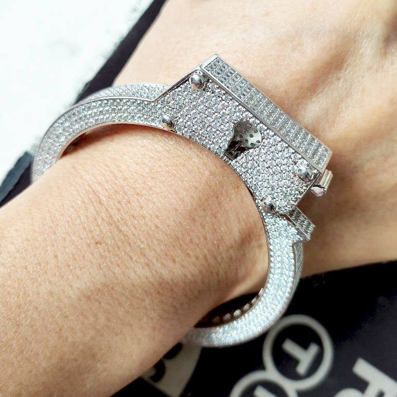 Wolf Tide Iced Out Cubic Zirconia Handcuff Bangle Bracelet Real Gold Plated Lovers Hip Hop Punk Rock Bling CZ Stone Openc Cuff Bangles Jewelry Gifts f