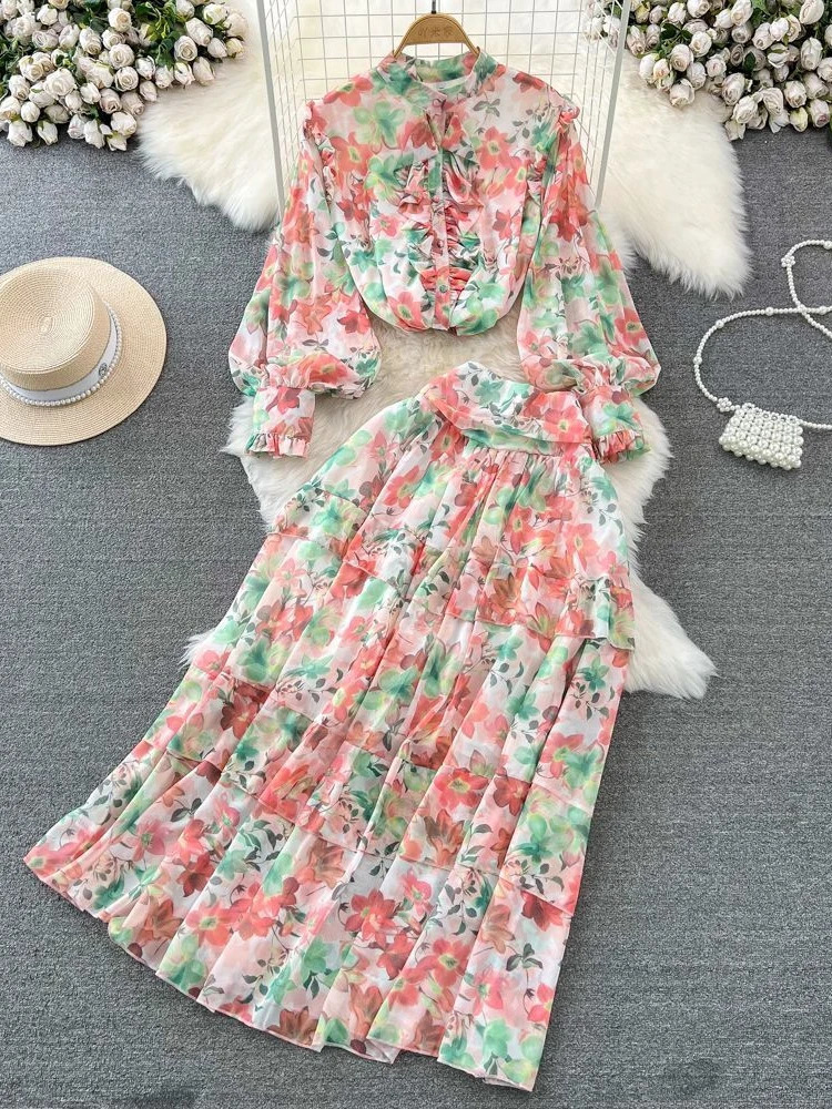 Floral Two Piece Set Women Lantern Long Sleeved Single Breasted Shirthigh Waisted A-line Long Skirt Printed Chiffon Outfits 240601