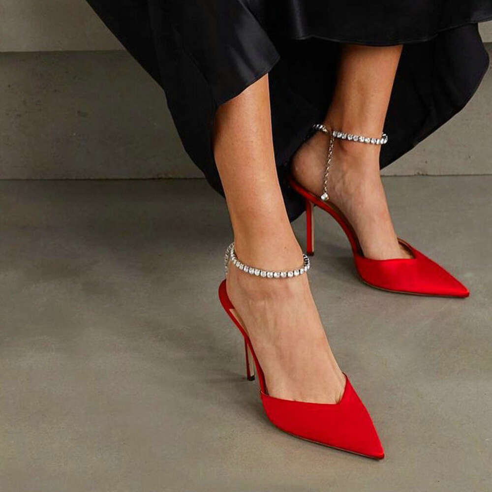 2023 European New Pointed Toe Stiletto Rhinestone High Heels Baotou Satin Super Sandals French Red Women's Pumps