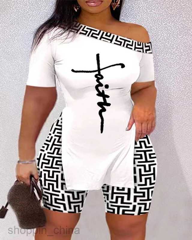 Women's Tracksuits Summer New Women's diagonal shoulder split short sleeved shorts two-piece set for women Sets