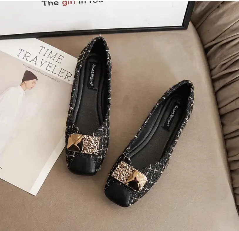 Small perfume Style Single Shoes Womens Flat Shoes 2024 Summer and Autumn Square Soft Sole Bean Shoes Fat Foot Wide Size 41-45 240614