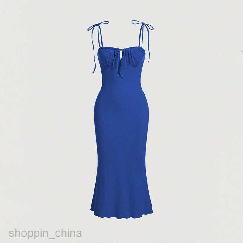 Basic Casual Women Dresses New Sexy Drawstring Tied Slim Bag Hip Fishtail Long Dress Hanging Strap Style Dress