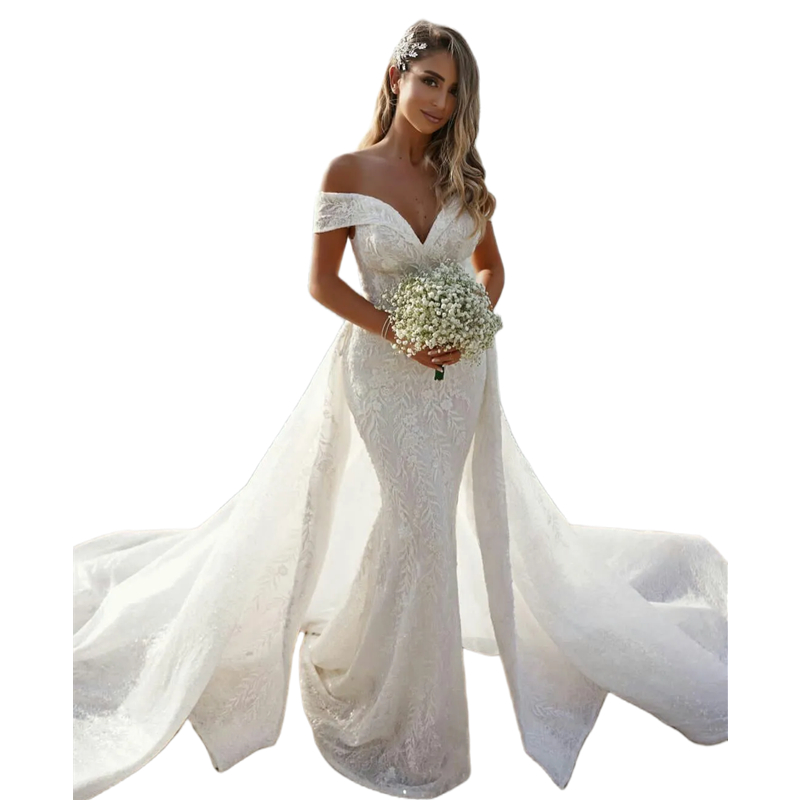 Graceful Lace Mermaid Wedding Dresses With Detachable Train Off The Shoulder Boho Country Long Bridal Gowns 2024 Summer Vestido De Novia V-neck Open B