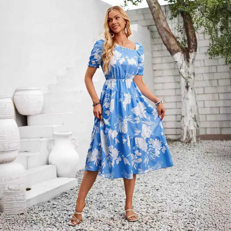 Basic Casual Women Dresses Independently designed new summer women's casual and fashionable diagonal collar floral print fresh dress