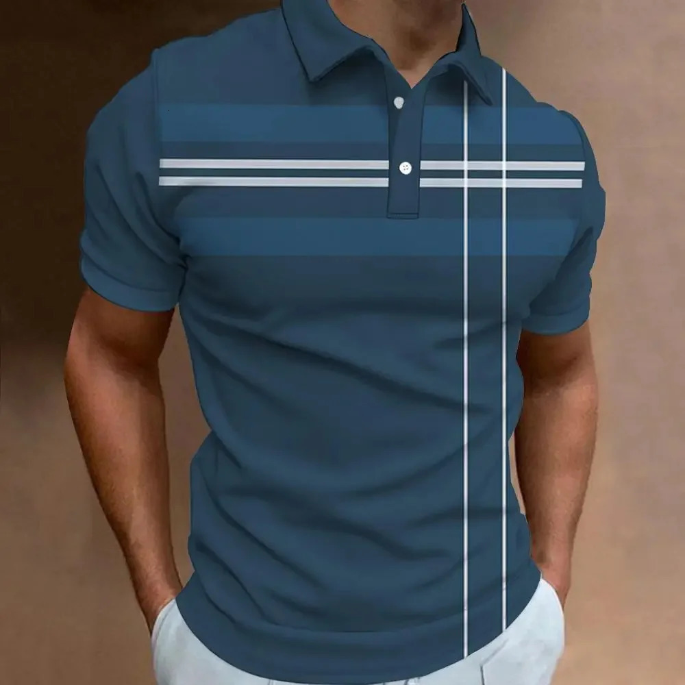 Fashion Business Stripe Print Polo Shirt Summer Short Sleeve TShirt Line Pattern Top Casual Mens Large Size Clothes y240603