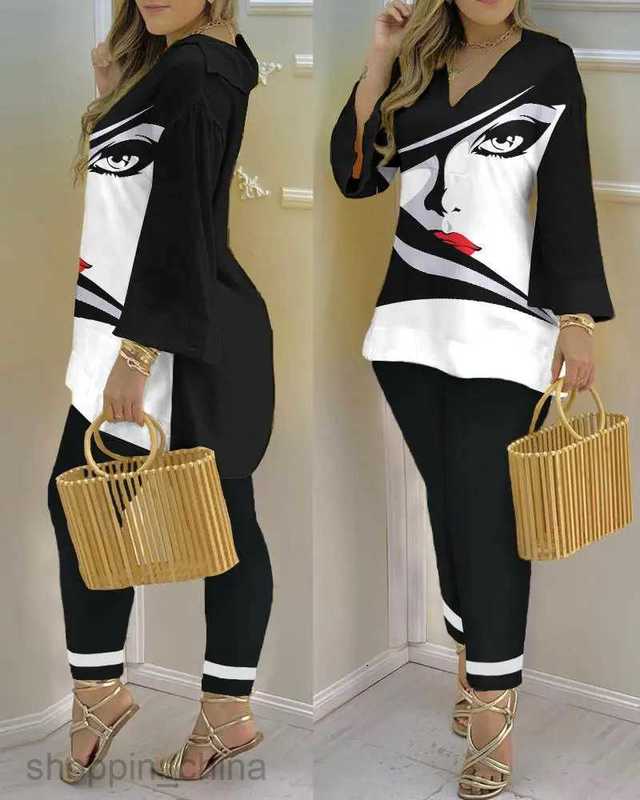 Women's Tracksuits Autumn New Women's two-piece V-neck long sleeved printed set Sets