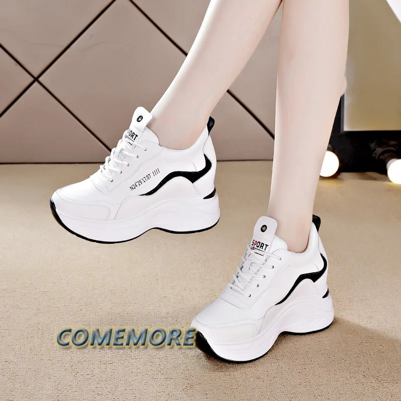Womens leather platform sports shoes spring white shoes high heels wedge-shaped outdoor sports shoes breathable circular casual shoes 240614