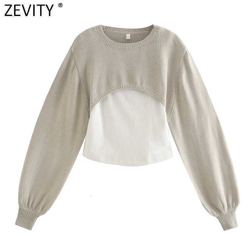 Zevity Women Fashion O Neck Two Pieces Patchwork Knitting Sweater Ladies Lantern Sleeve Casual Slim Chic Pullovers Tops S516 210603