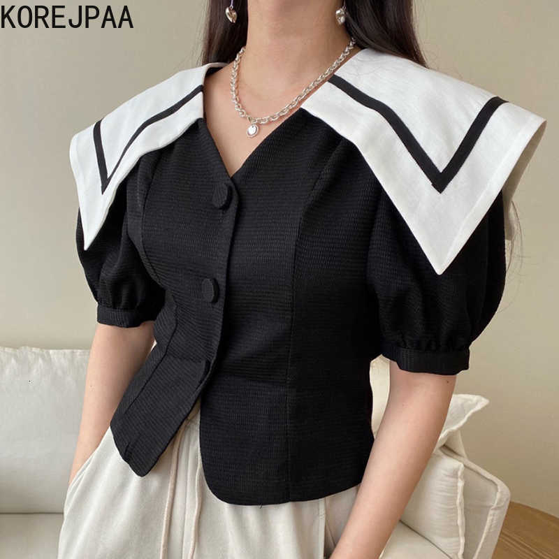 Korejpaa Women Shirt Summer Korean Chic Retro Navy Collar Trim Contrast Color Three Button Slim Short Puff Sleeve Blouses 210526