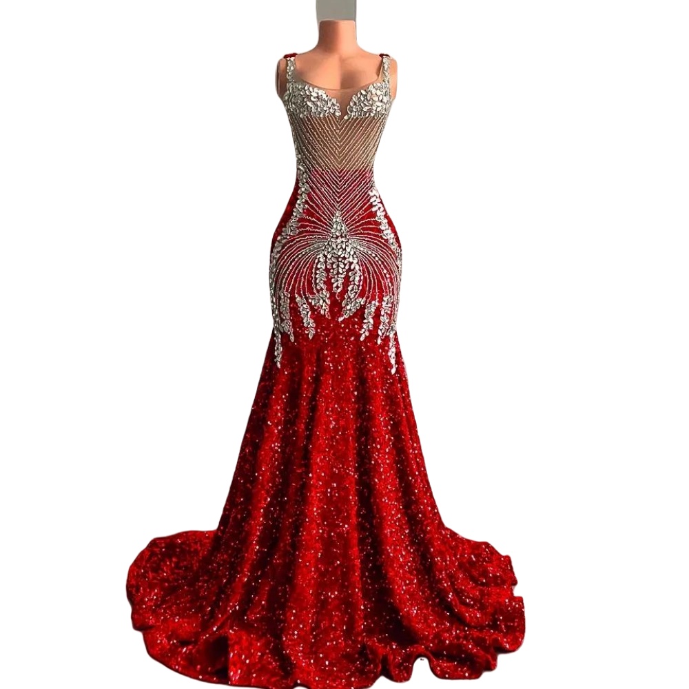 2024 Burgundy Plus Size Prom Dresses Scoop Neck Illusion Sequined Lace Crystal Beaded Mermaid Evening Formal Party Bridesmaid Gowns Dress Sleeveless