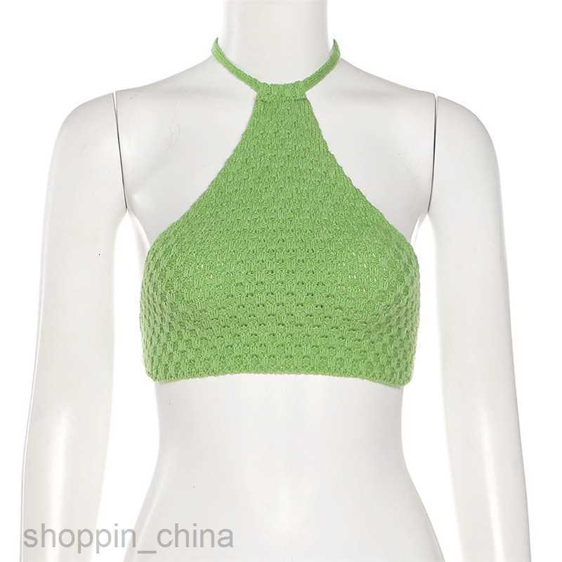 Women's T Shirt Sisjuly Fresh Grass Green Knitted Hollow Neck Hanging Strap Women's Versatile Open Navel Short Tank Top tees