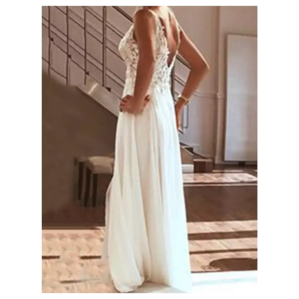 White Chiffon Beach Wedding Dresses Sexy Side Split Boho Bridal Gowns Straps V-back Lace Appliques Long Bride Dress 2024 Summer Vestidos de novia