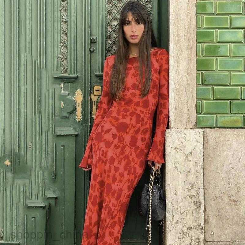 Casual Dresses Fall Long Sleeve Maxi Dress For Women Fashion Bodycon Slim Chiffon Red Print Party Elegant Vestidos 7654D