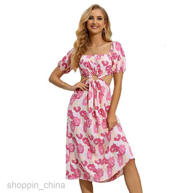 Basic Casual Women Dresses Summer Square Neck One Shoulder Printed Women's Wear waist Sexy temperament Slim Short sleeved Dress 60055