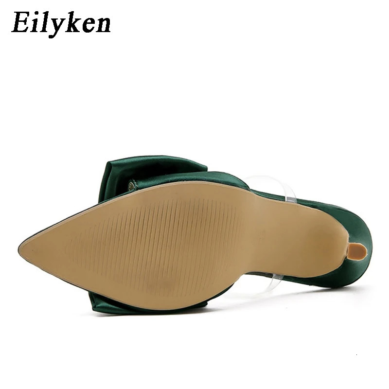 Eilyken Silk Butterfly-knot Slippers Mule High Heels Women Sandals Flip Flops Pointed toe Strappy Slides Party Shoes 240615