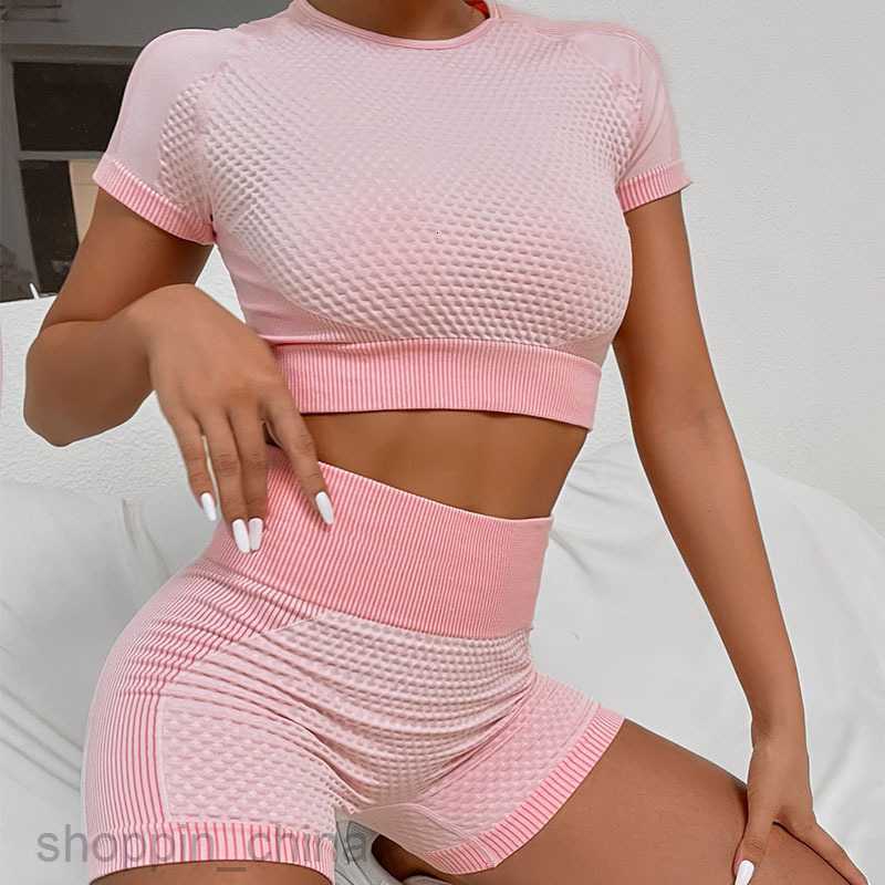 Women's Tracksuits Summer New Quick Drying Yoga Clothes Running Sports Short Sleeve Two Piece Set for Women's High Waist Seamless Fitness Se