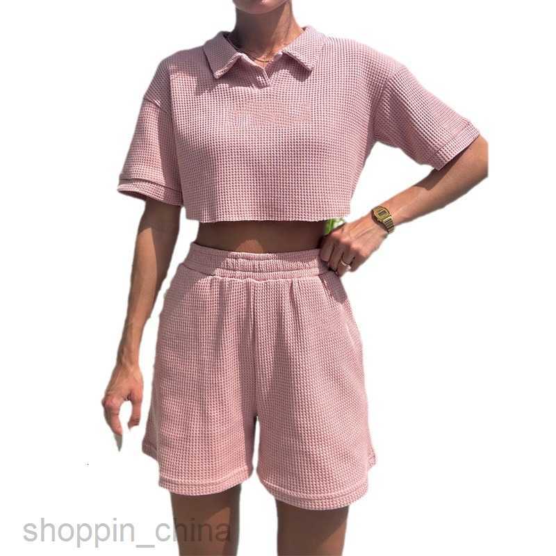 Women's Tracksuits New casual V-neck zippered short sleeved top and shorts, solid color sports two-piece set for girls Sets