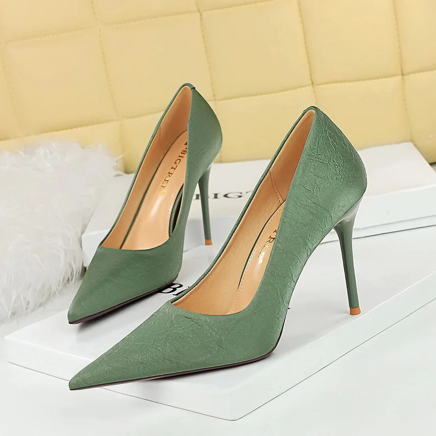 Korean Version Women High Heels Pumps Wedding Bridal Green Silk Heels Evening Party Beige Black Mid Low Heels Vintage 7239-2 240615
