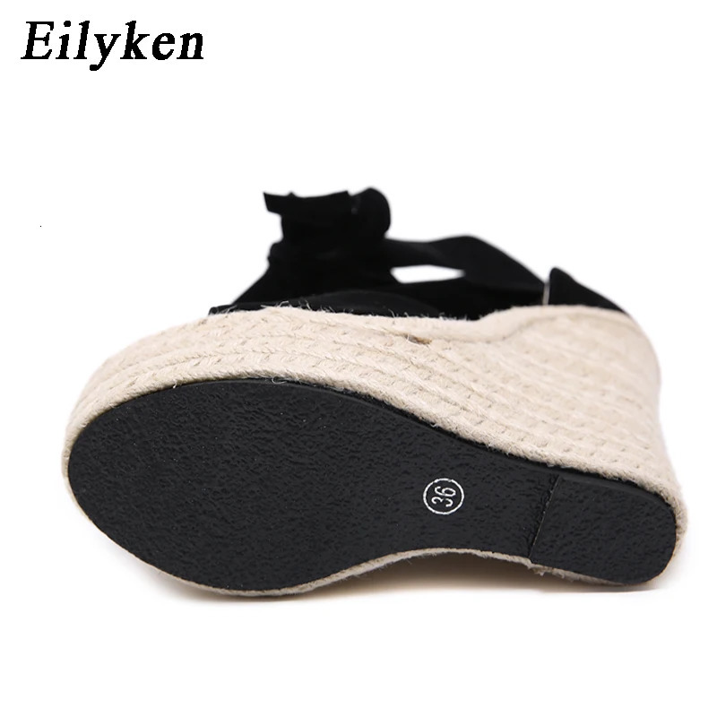 EilyKen Women Summer Butterfly Knot Solid Black Open Toe Sandals Fashion Platform High Heel Wedge Shoes Ankle Bowtie Dress Pumps 240615
