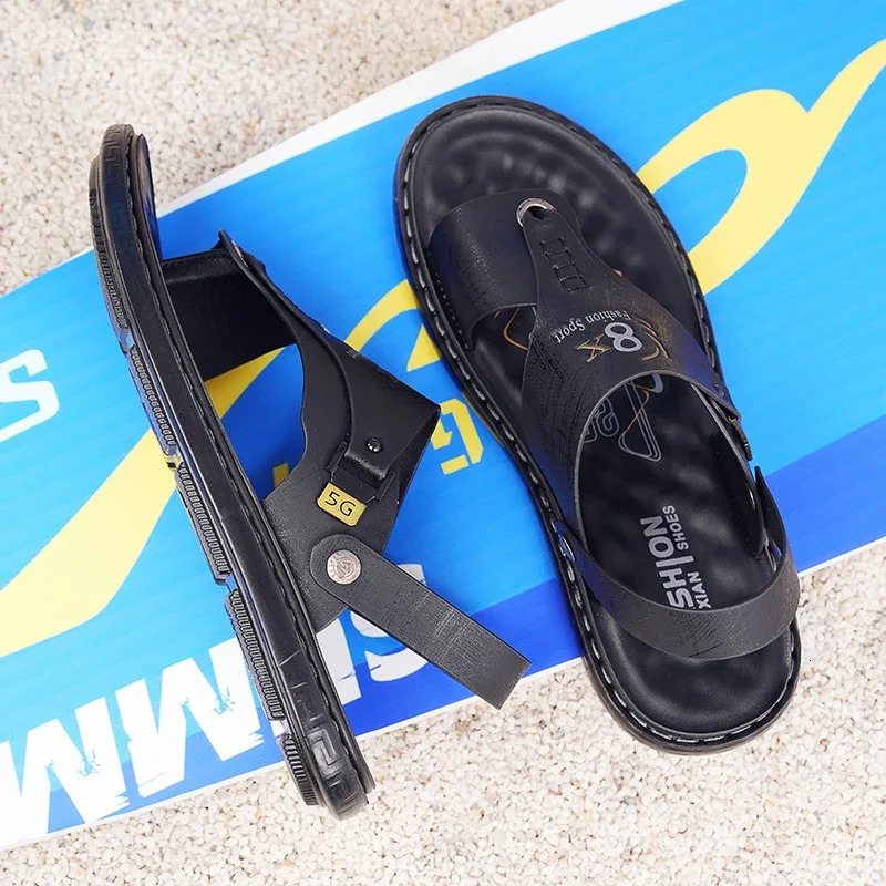 2024 Mens Genuine Split Leather Beach Sandals Casual Shoes Flip Sports Shoes Summer Sandals Platform 240615