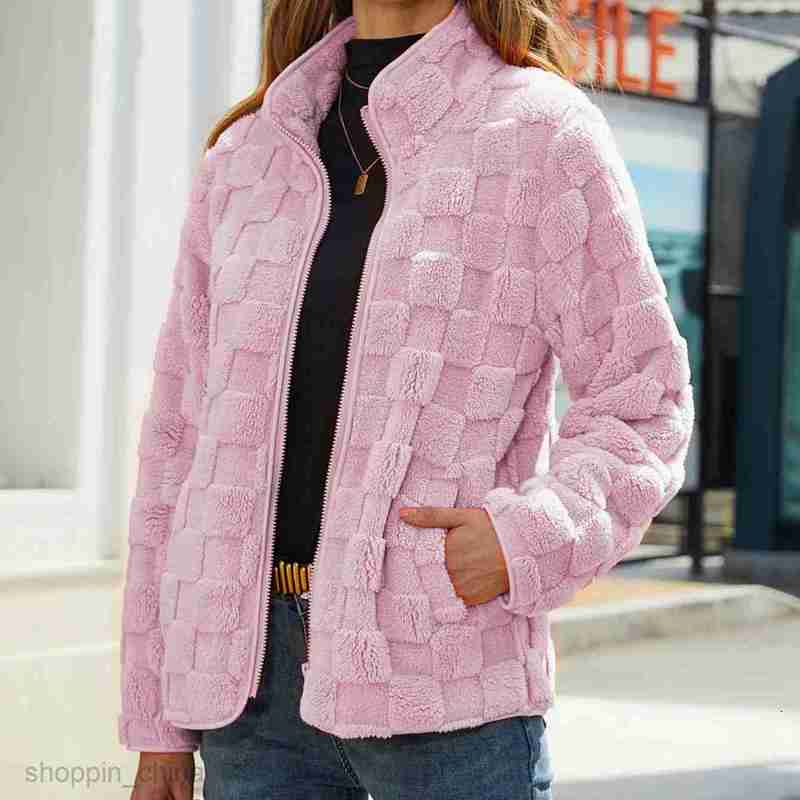 Women Jackets Coats Spring and Autumn New Zipper Loose Solid Color Pocket Checkered Long Sleeve Plush Coat PG2351