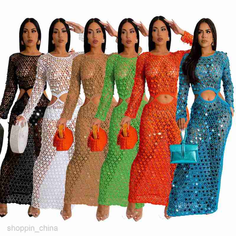 Basic Casual Women Dresses New Women's Handmade Knitted Casual Hollow out Sequins Beach Long Dress