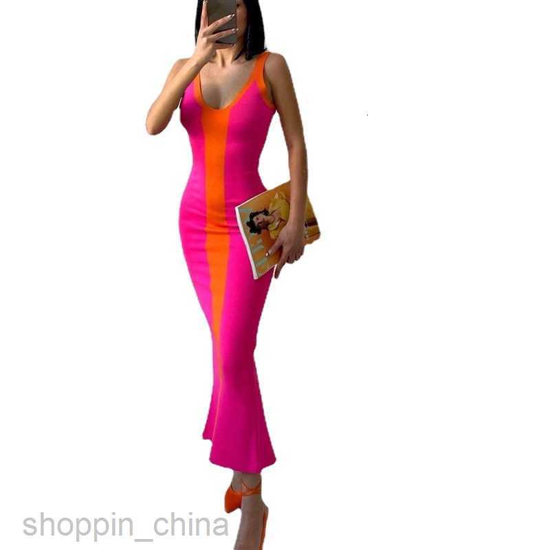 Basic Casual Women Dresses spring summer sexy contrast color knitted medium length tight suspender split color matching dress