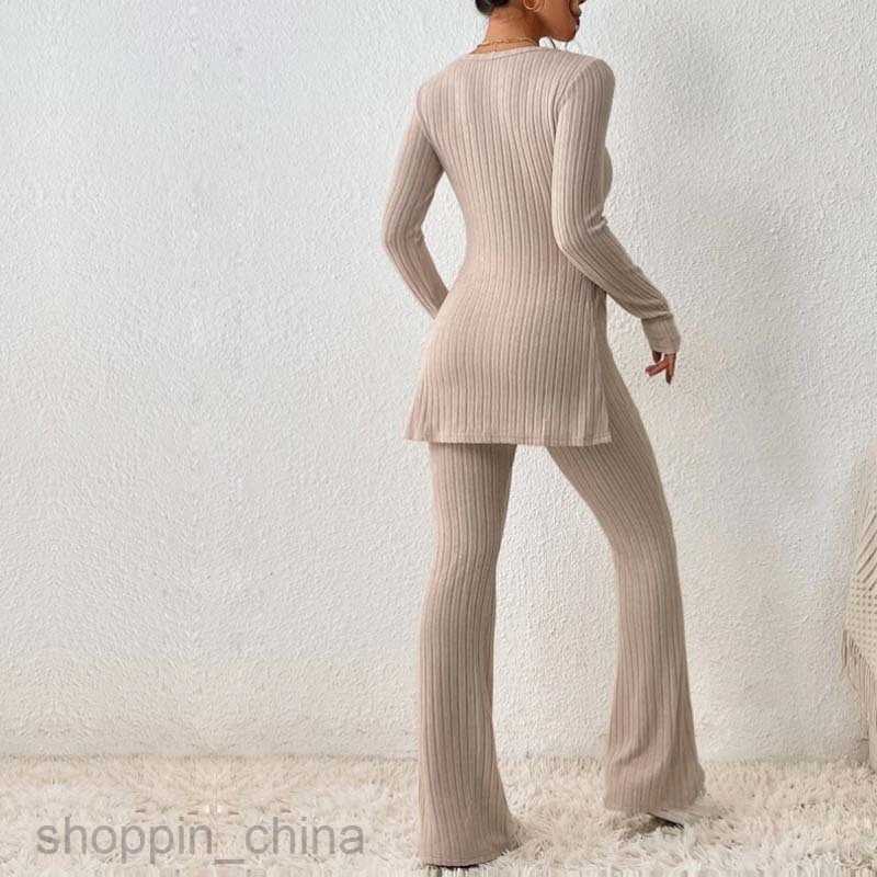 Women's Tracksuits Knitted Pit Stripe Two Piece Set Top Flare Pants Split Hem Tee&Flare Leg Pants Sets