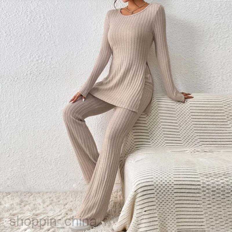 Women's Tracksuits Knitted Pit Stripe Two Piece Set Top Flare Pants Split Hem Tee&Flare Leg Pants Sets