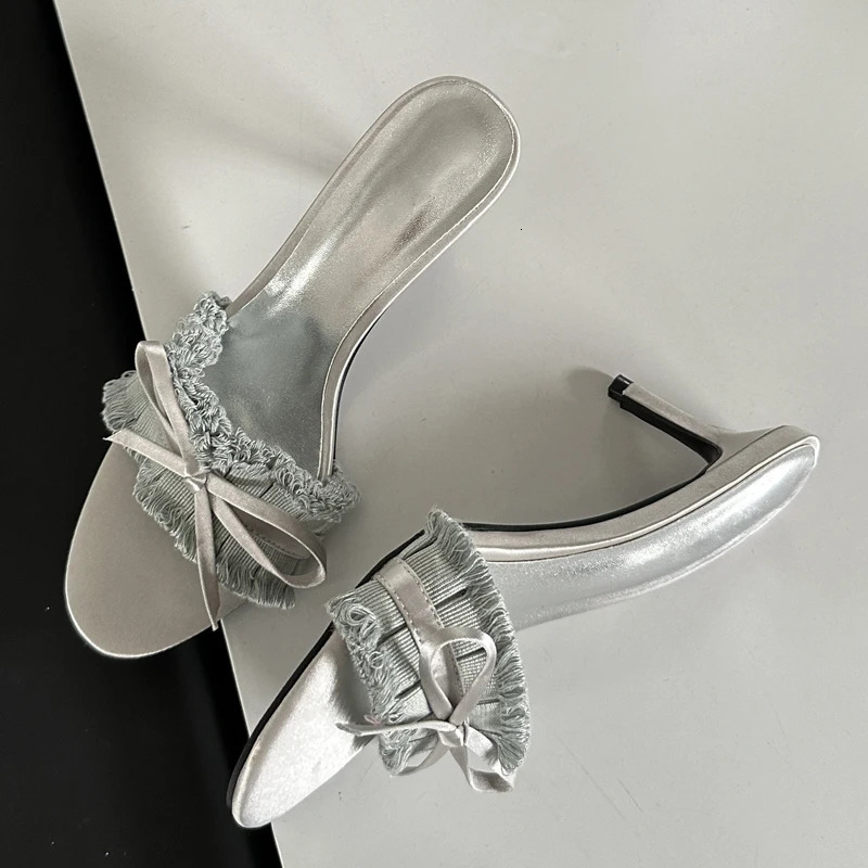 Eilyken Summer Silk Pleated Butterfly-knot Woman Slippers Fashion Thin Heels Party Stripper Ladies Mules Slides Zapatos Mujer 240615