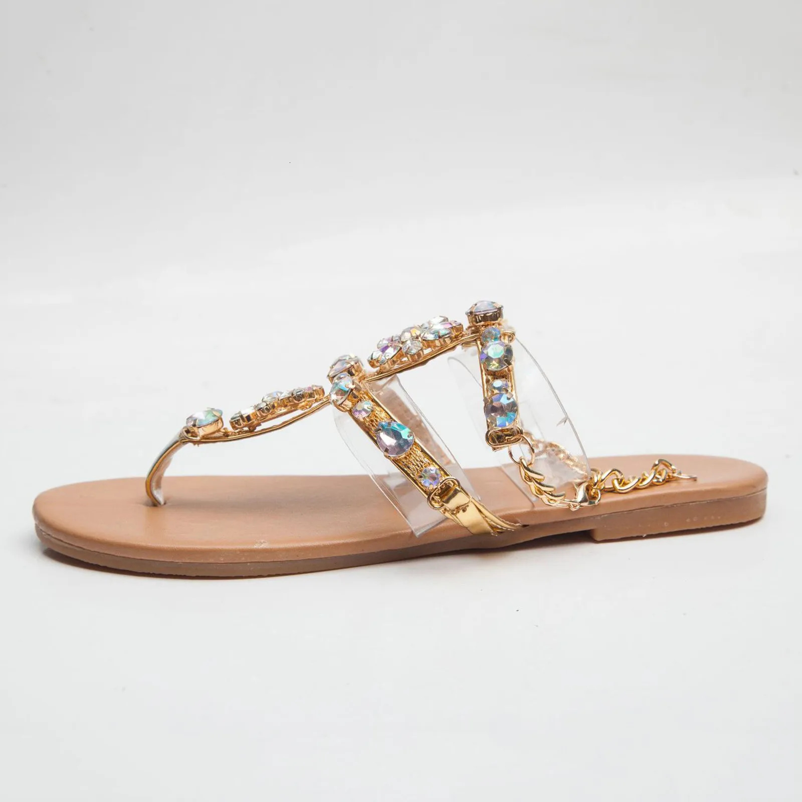 Womens Rhinestone Sandals Summer Beach Slippers Womens Clip Toe Chain Sandals Sparkling Crystal Casual Flat Shoes 240615